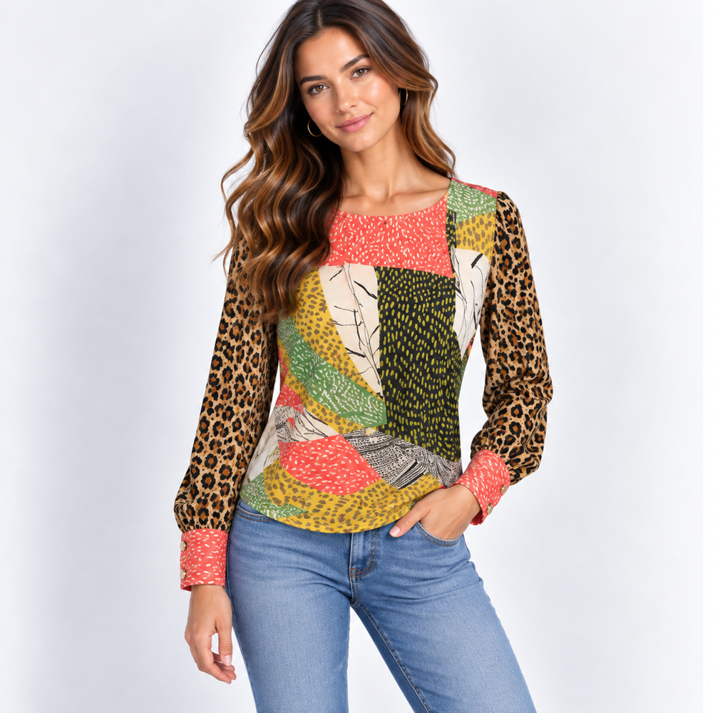 Anthropologie Bl^nk London Leopard Patchwork Blouse M Boho Tie Back Viscose